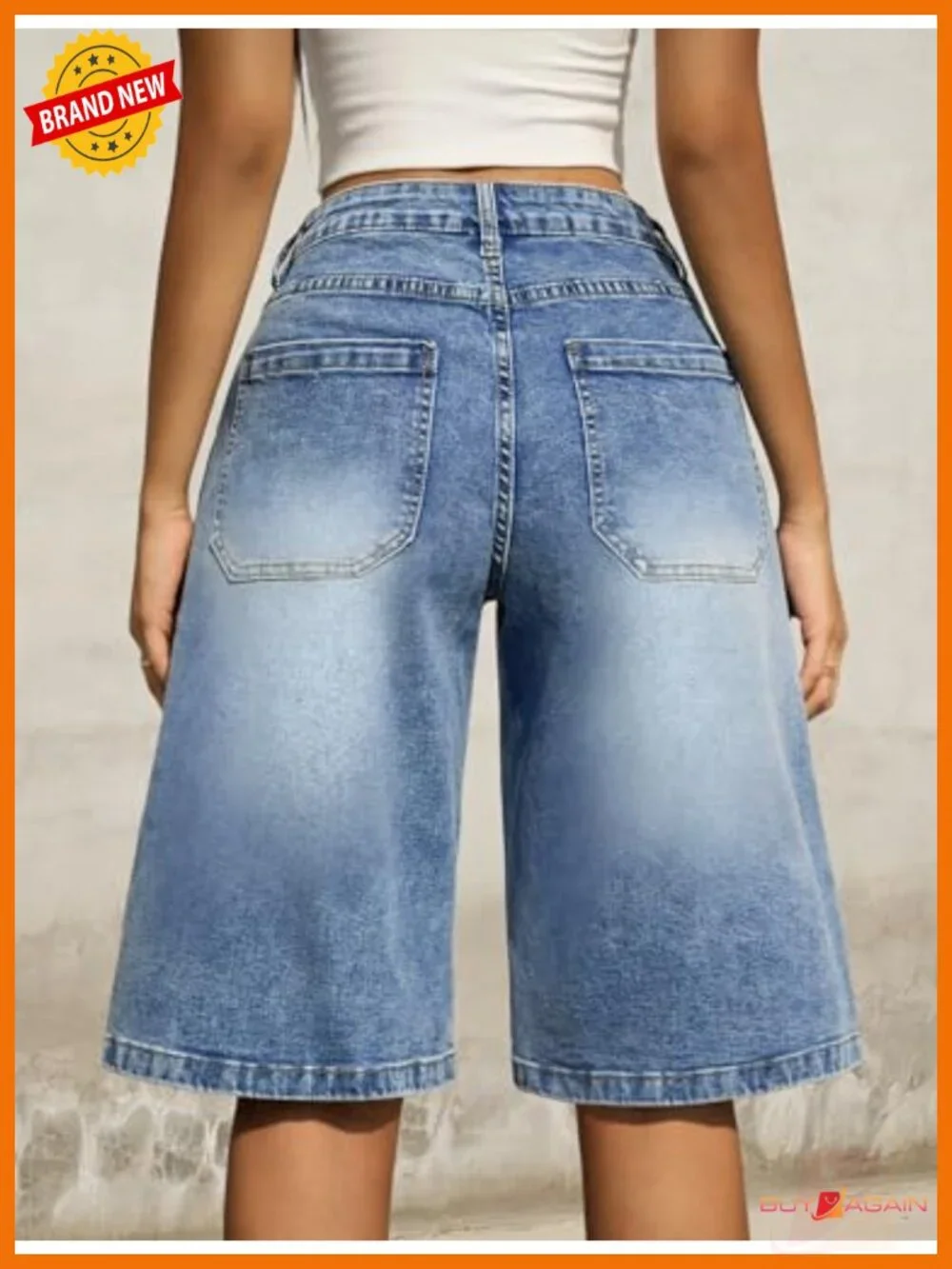 Women's Mid-Low Waist Denim Bermuda Shorts Baggy Loose Fit Knee-Length Jorts